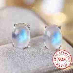 Moonstone and .925 Sterling Silver Oval Stud Earrings
