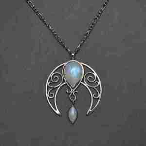 Moonstone Crystal Inverted Upside Down Crescent Moon Necklace