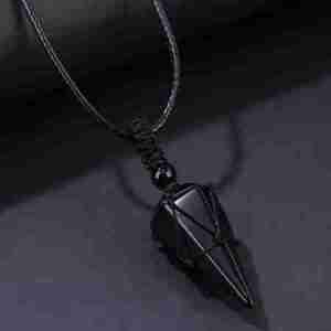 Obsidian Crystal Hexagonal Cone Mesh Braided Adjustable Rope Pendant Necklace