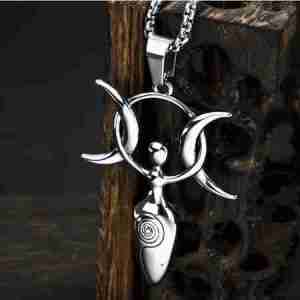 Triple Moon Goddess Titanium Steel Alloy Silver Necklace