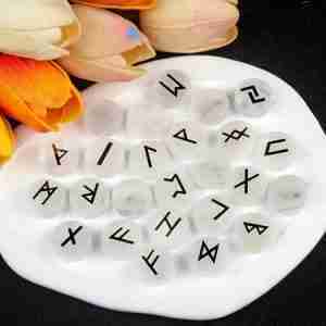 Clear Quartz Crystal Divination Engraved Rune Stones, 25 piece set
