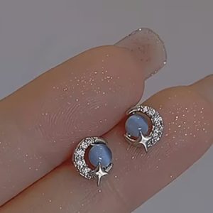 Blue Cat's Eye Moon Star Stainless Steel Earrings